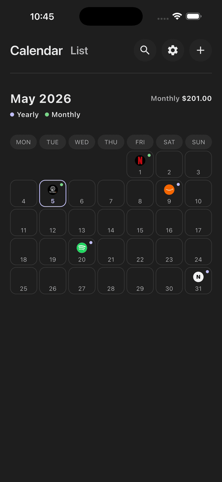 Payya mobile app interface showing subscription calendar and upcoming charges in dark mode