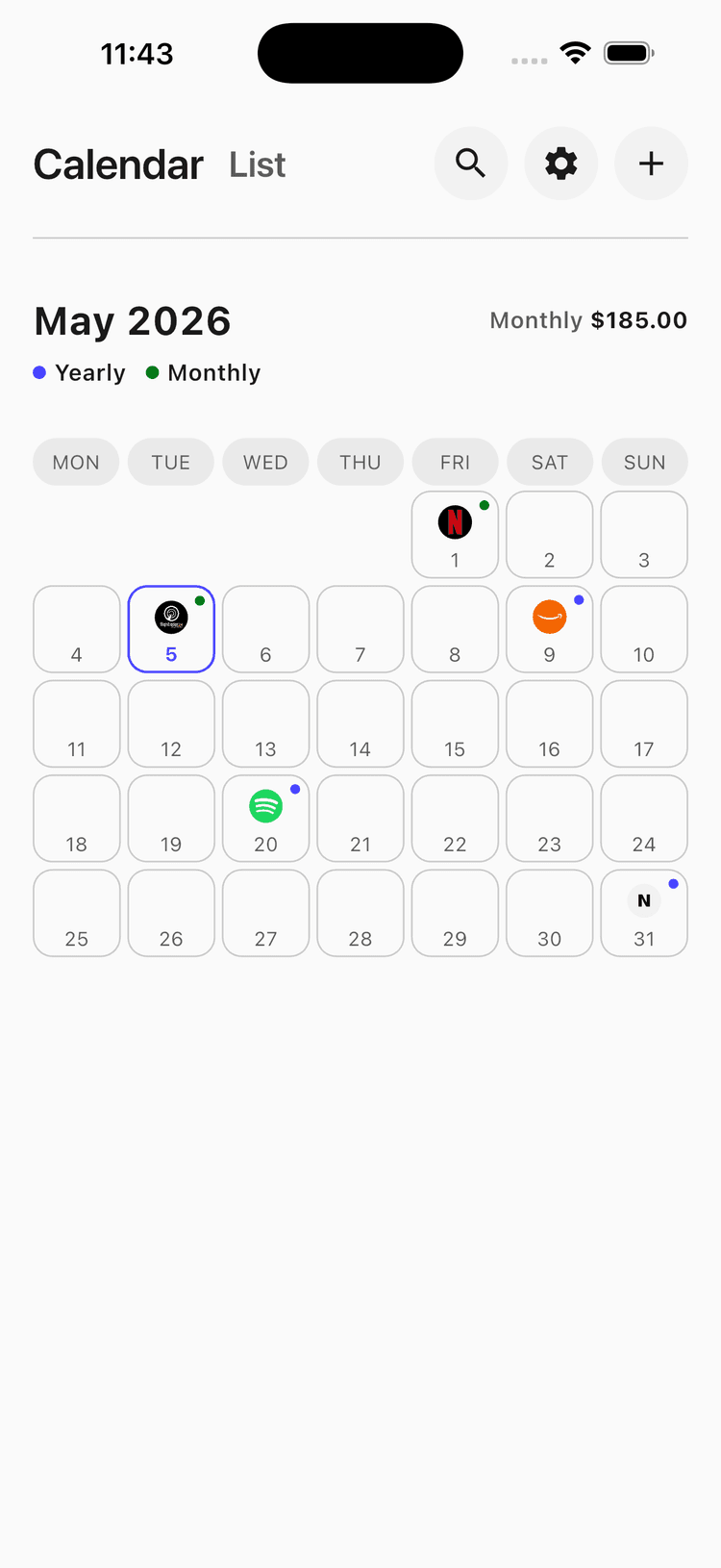 Payya mobile app interface showing subscription calendar and upcoming charges in light mode